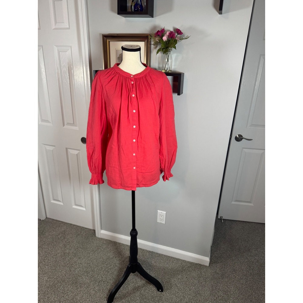 Boden 100% Cotton Peasant Gauze Balloon Sleeve Boho Blouse Smocked Cuff US 12